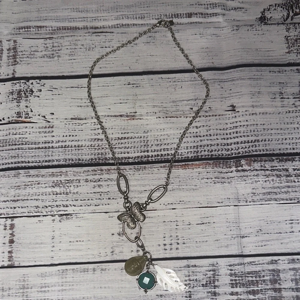 Lucky Brand-Buddha-Silver Butterfly Pendant-MOP Leaf Charm‎ Tassel 20